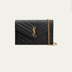 YSL flap wallet on a chain. Black with gold hardware.